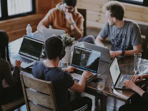 Professional team collaborating in a modern office